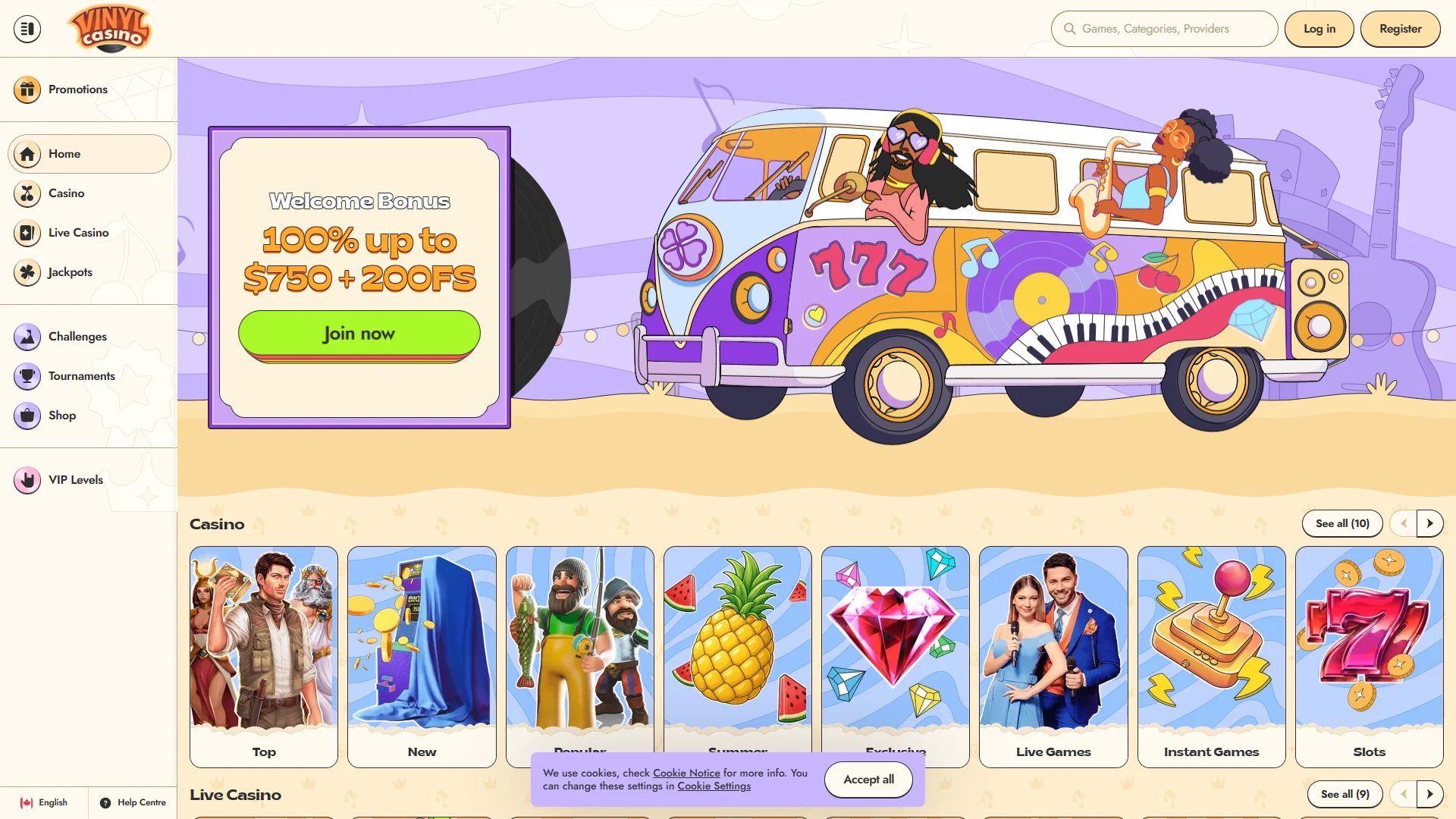 Vinyl Casino casino lobby on desktop