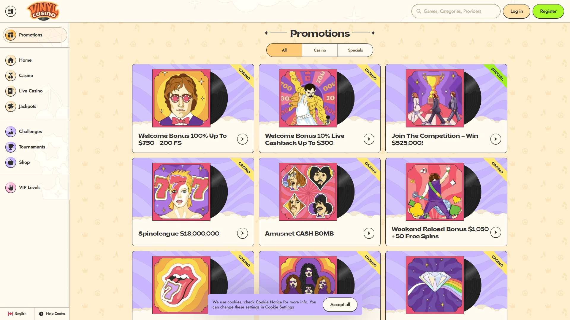 Current Vinyl Casino bonus offers